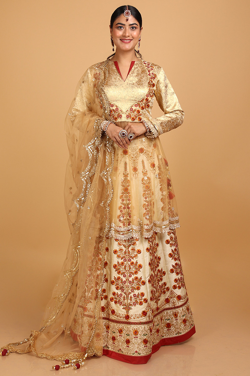 Resham Embroidered Dupion Silk Gold Lehenga for Wedding & Party