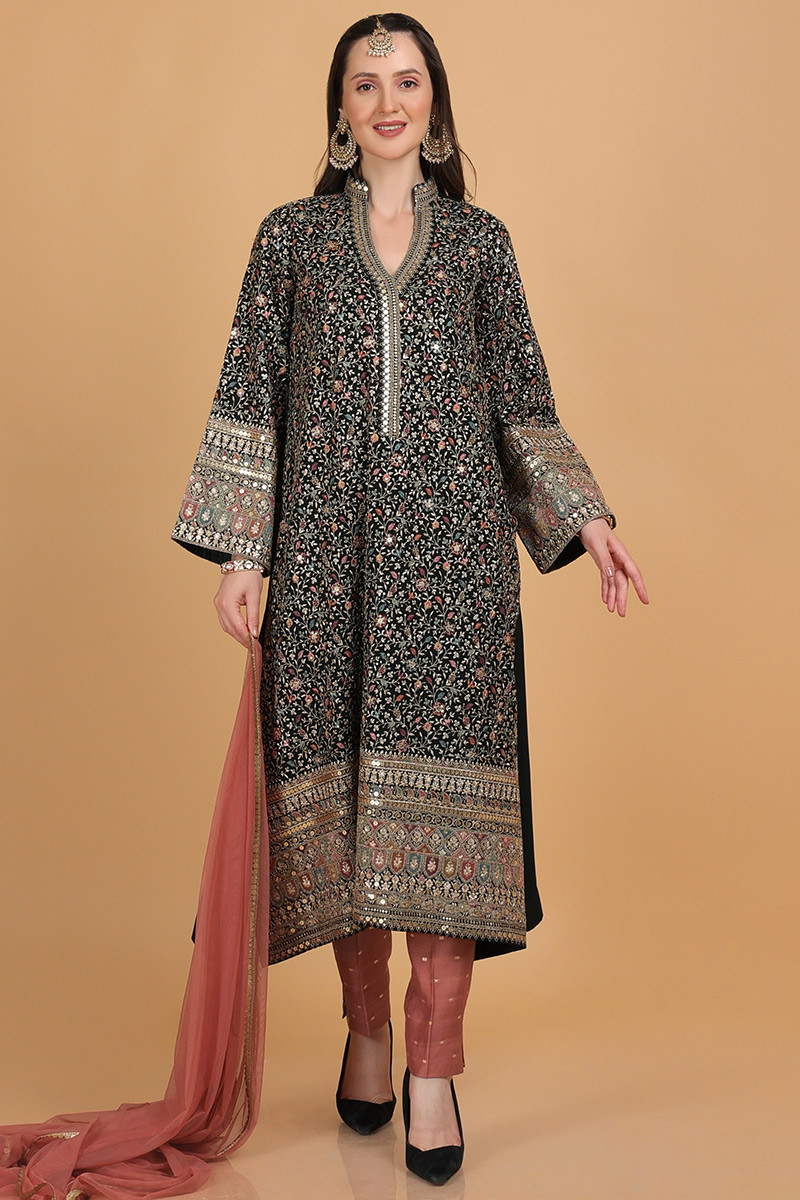 Buy Festival Wear Georgette Dark Green Embroidered Trouser Suit for Eid