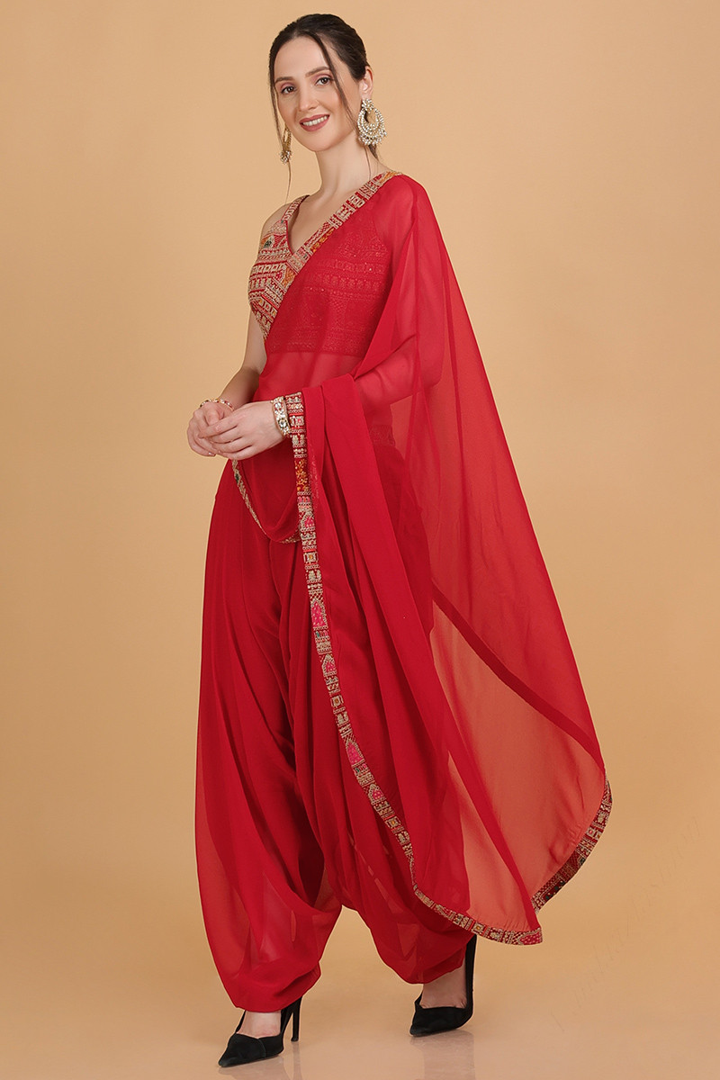 Chilly Red Embellished Dhoti Pants With Top