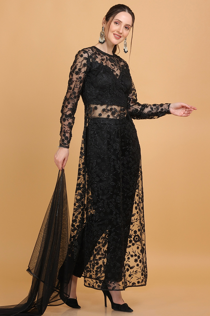 Net Beads Embroidered Black Straight Cut Trouser Suit for Wedding & Party