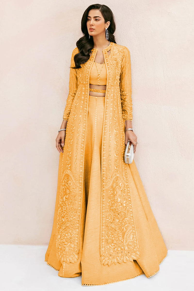 Gold A Line Sangeet Lehenga in Silk