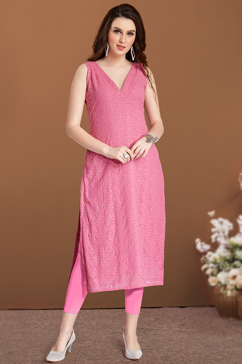 Carnation Pink Georgette Embroidered Kurti