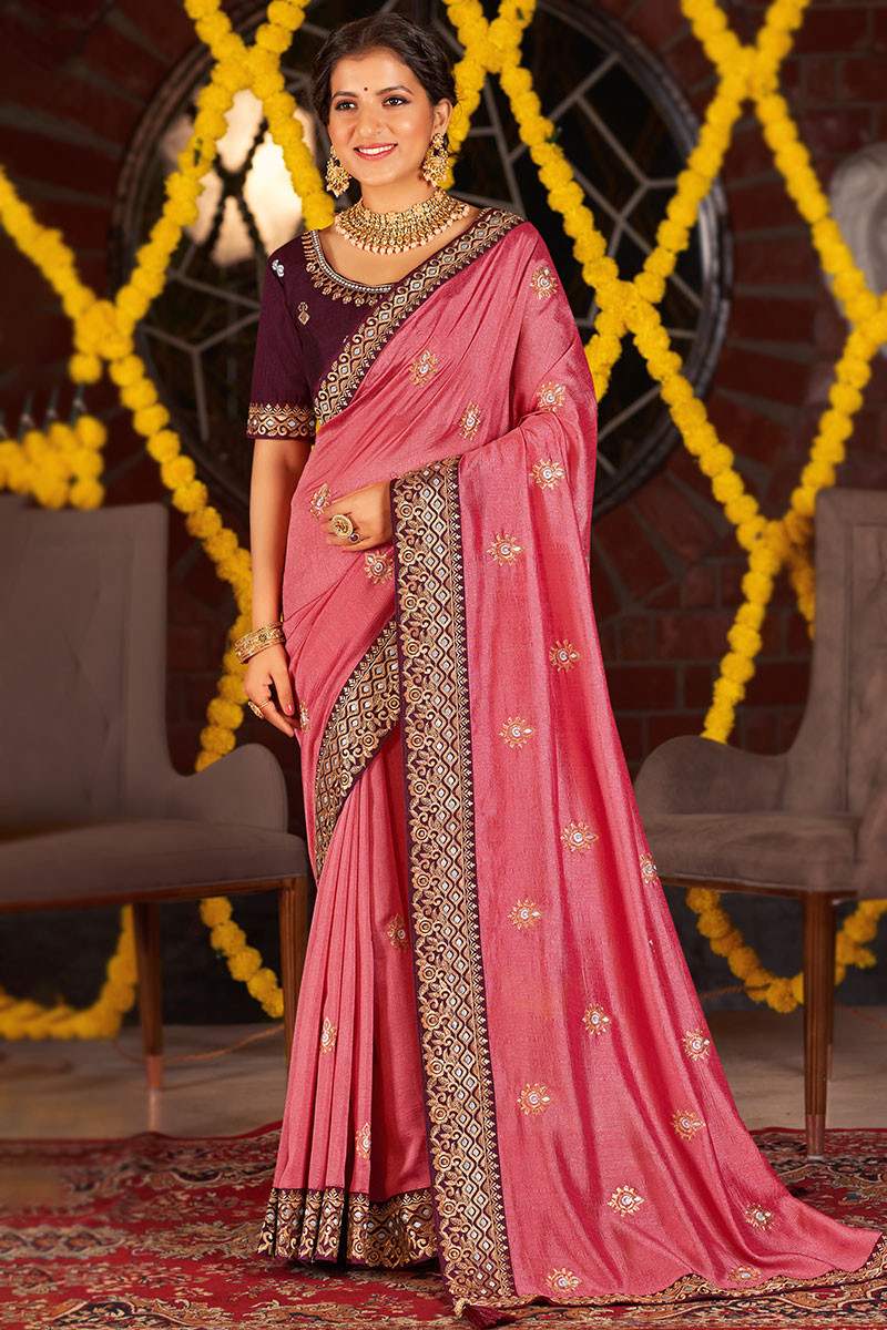 New Arrival Indian Carrot Pink Art Silk Embroidered Saree SARV152771