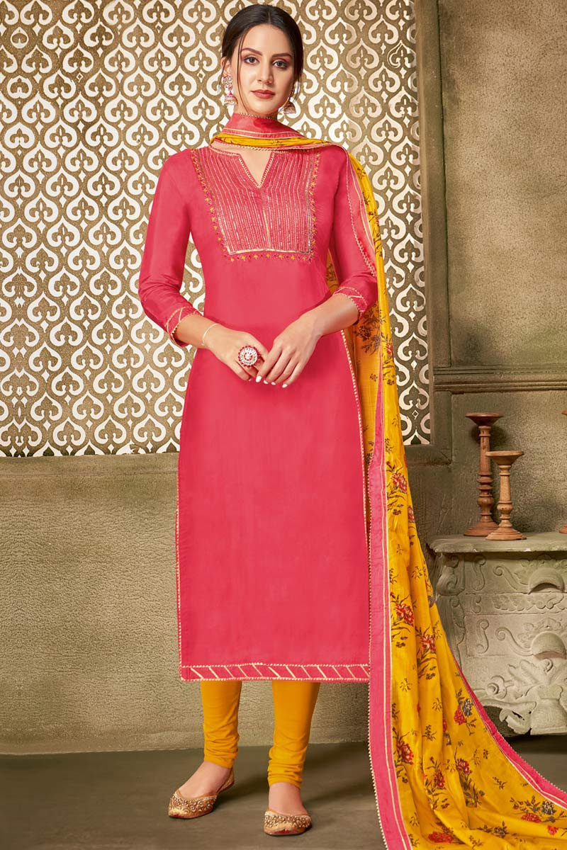 Admyrin Redish Pink Embroidered Designer Chanderi Cotton Salwar Suit, Chanderi  Salwar Kameez, चंदेरी सूट - Admyrin E Com Services, Surat | ID:  2849611718373