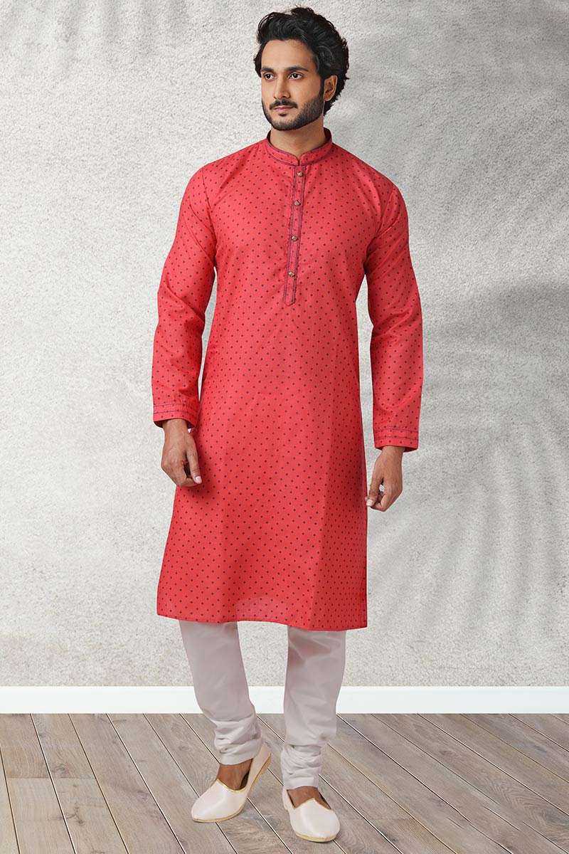 Carrot Pink Cotton Printed Men Kurta Churidar