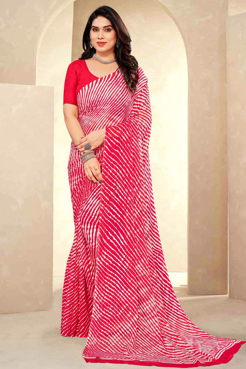 Carrot Pink Leheriya Printed Casual Wear Chiffon Saree