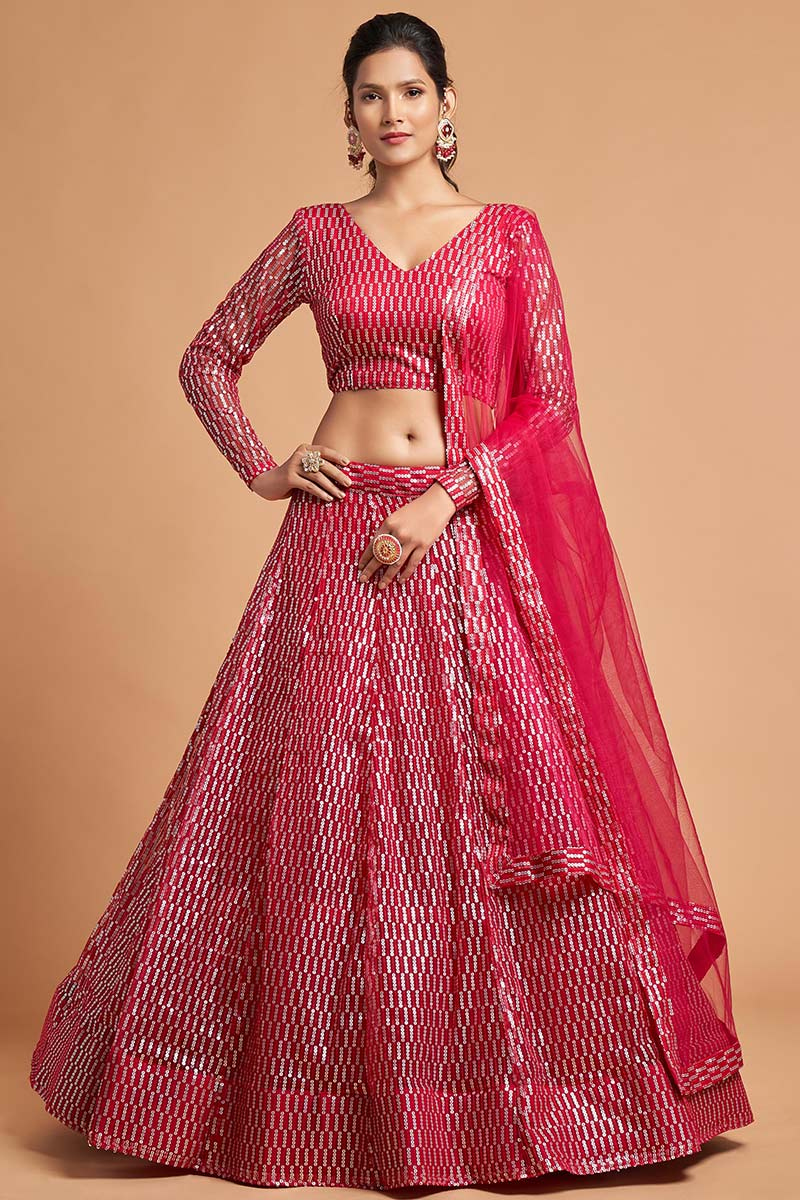 Carrot Pink Net Embroidered Lehenga