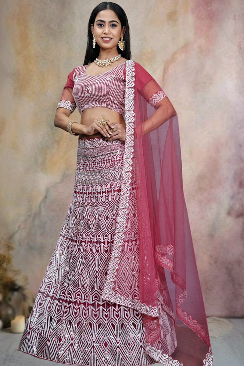Carrot Pink Sequins Embroidered Panelled Style Net Lehenga