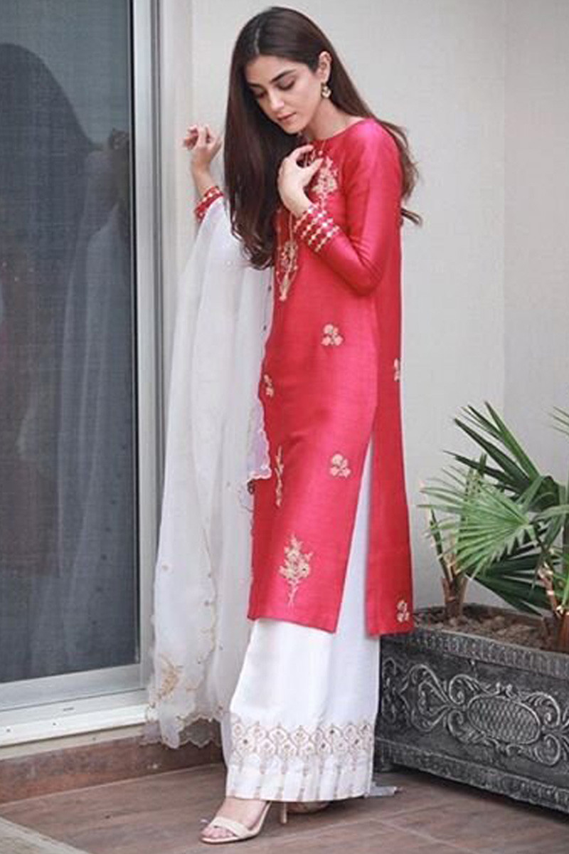 Buy Carrot Pink Silk Pakistani Suit With Palazzo Pant Online