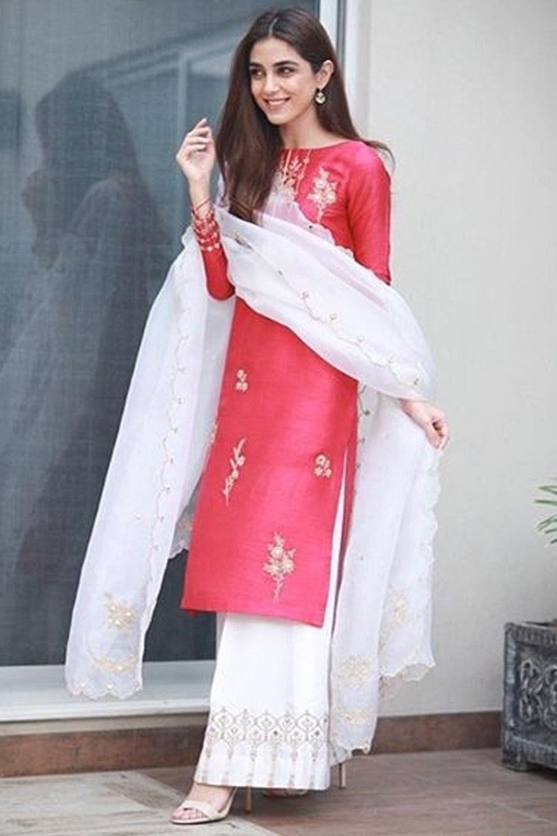 carrot pink silk pakistani suit with palazzo pant lsta00013