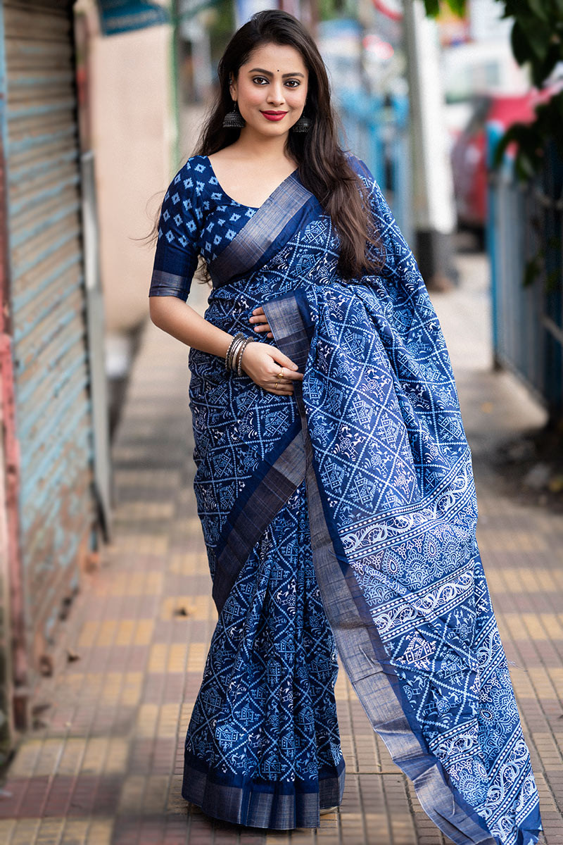 Beautiful Indigo Print Cotton Mulmul Saree with Blouse