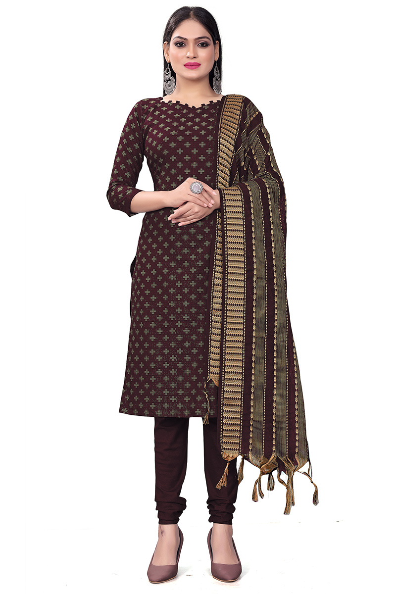 Casual Wear Wine Maroon Weaved Thread Cotton Churidar