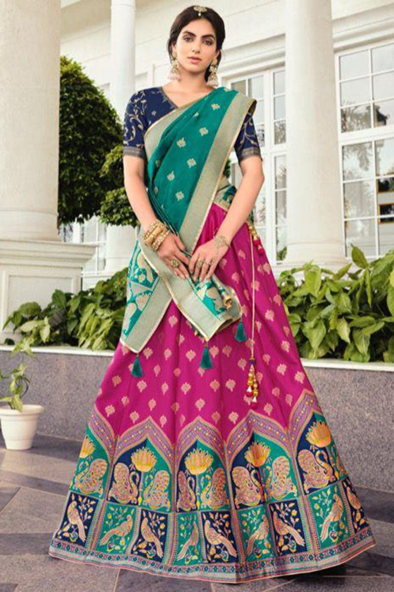 Cerise Pink Banarasi Silk A Line Lehenga