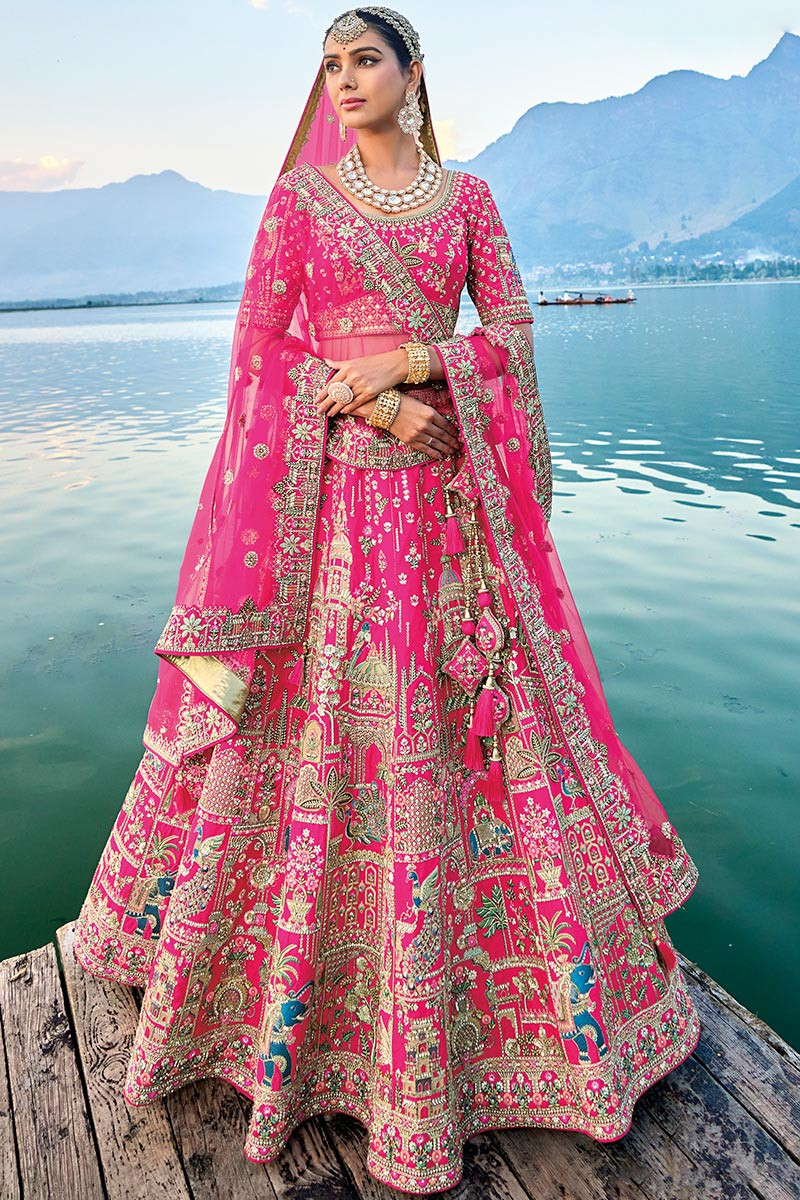Cerise Pink Dabka Embroidered Silk Engagement Lehenga