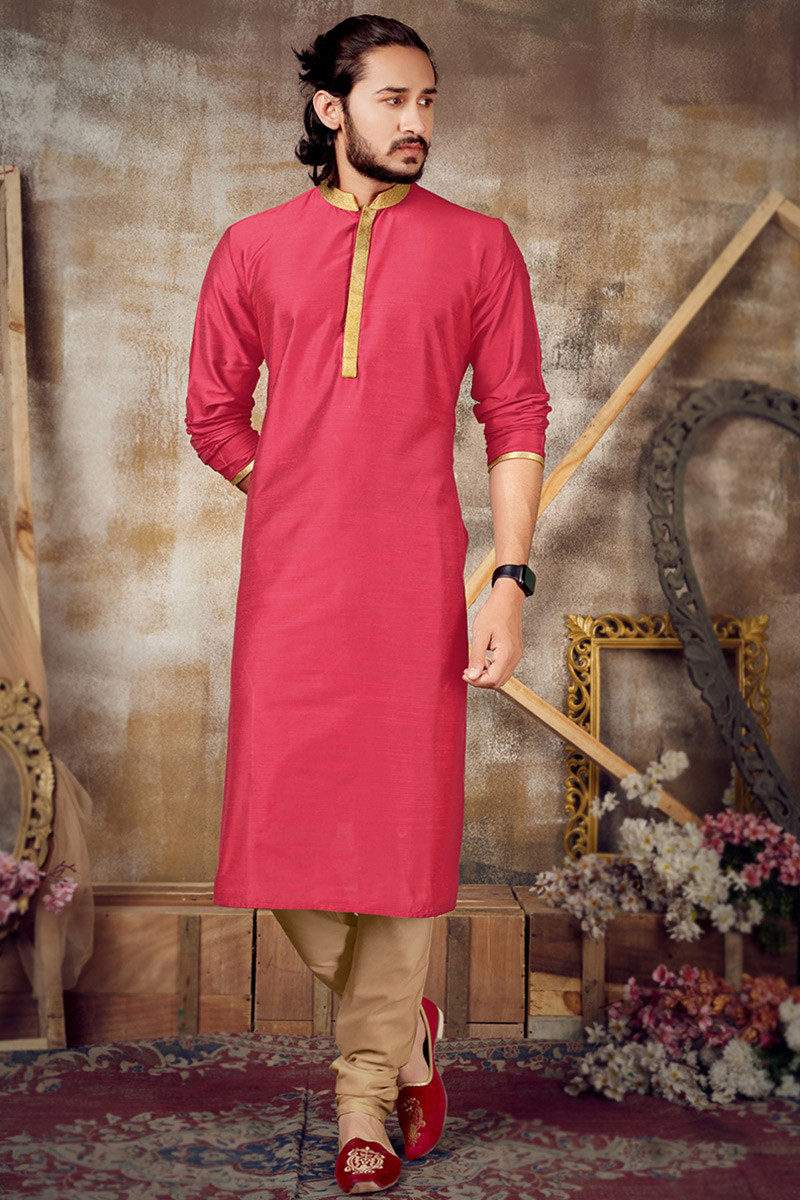 Cerise Pink Dupion Silk Weaved Lace Men s Kurta Churidar MKPA06116