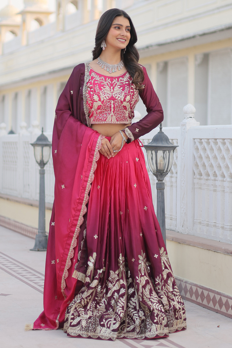 Cerise Pink Embroidered Silk Blend flared Style Lehenga 