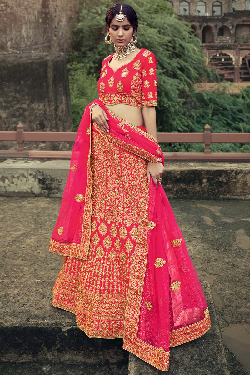 Cerise Pink Satin A-Line Embroidered Lehenga