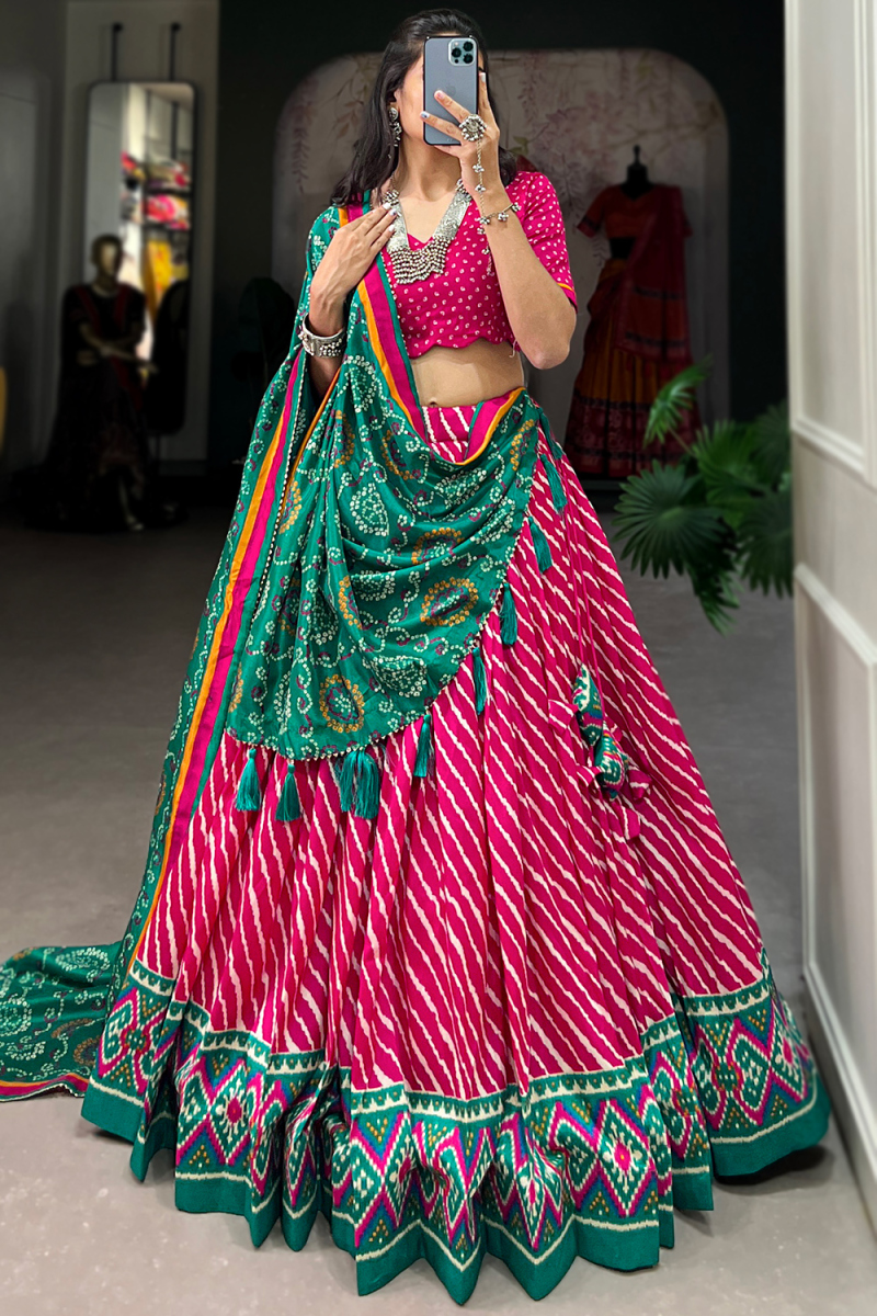 Cerise Pink Silk Blend Lehenga With Printed Work For Diwali