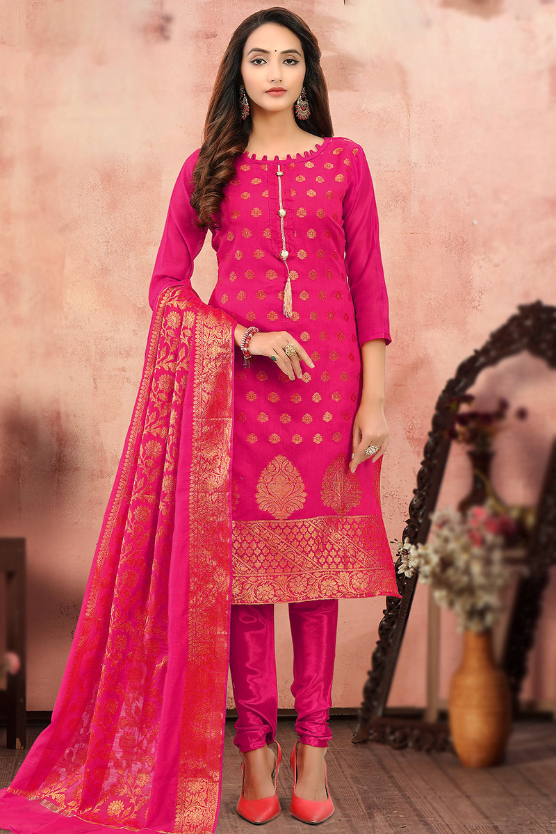 Ethnic Cerise Pink Silk Woven Churidar Suit LSTV121070