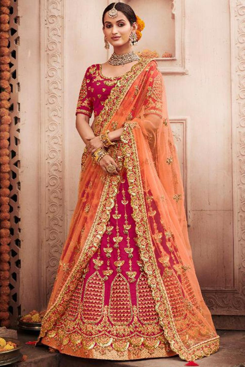 Buy Silk Indian Wedding Wear Lehenga Choli In Dark Pink Color