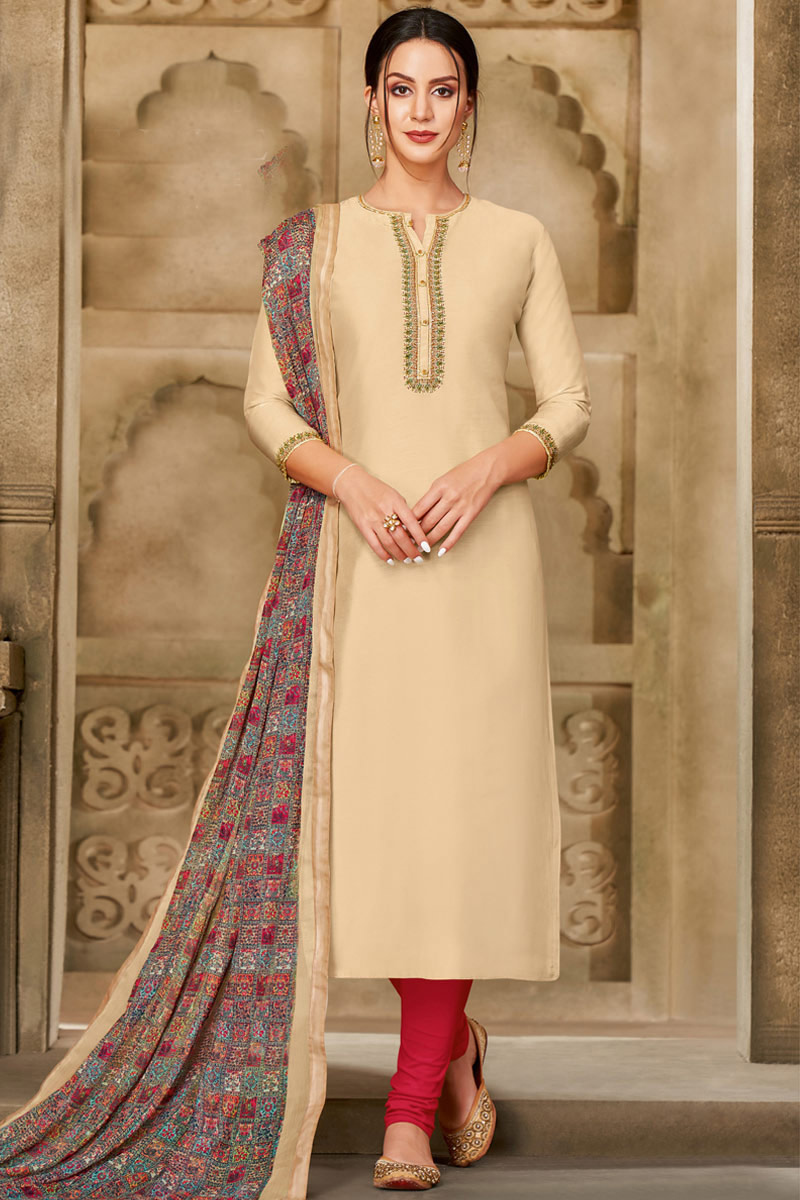 Cream Beige Chanderi Cotton Churidar Suit