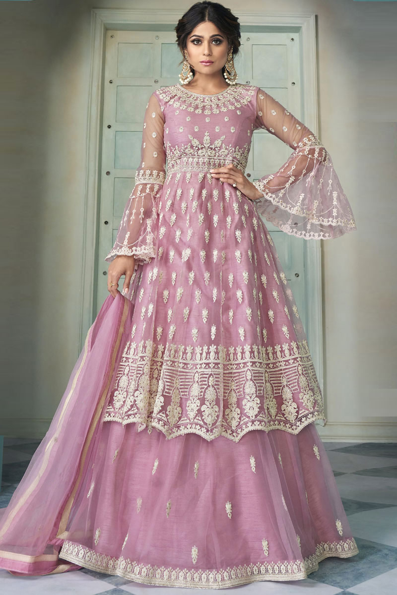 Lavender Pink Thread Net Anarkali With Lehenga
