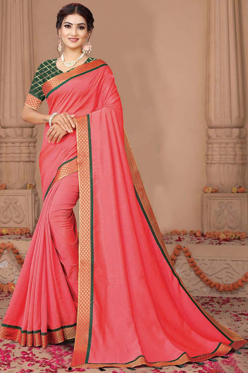 Vikram vedha Plain Gajari Pink Saree Online at Best Price