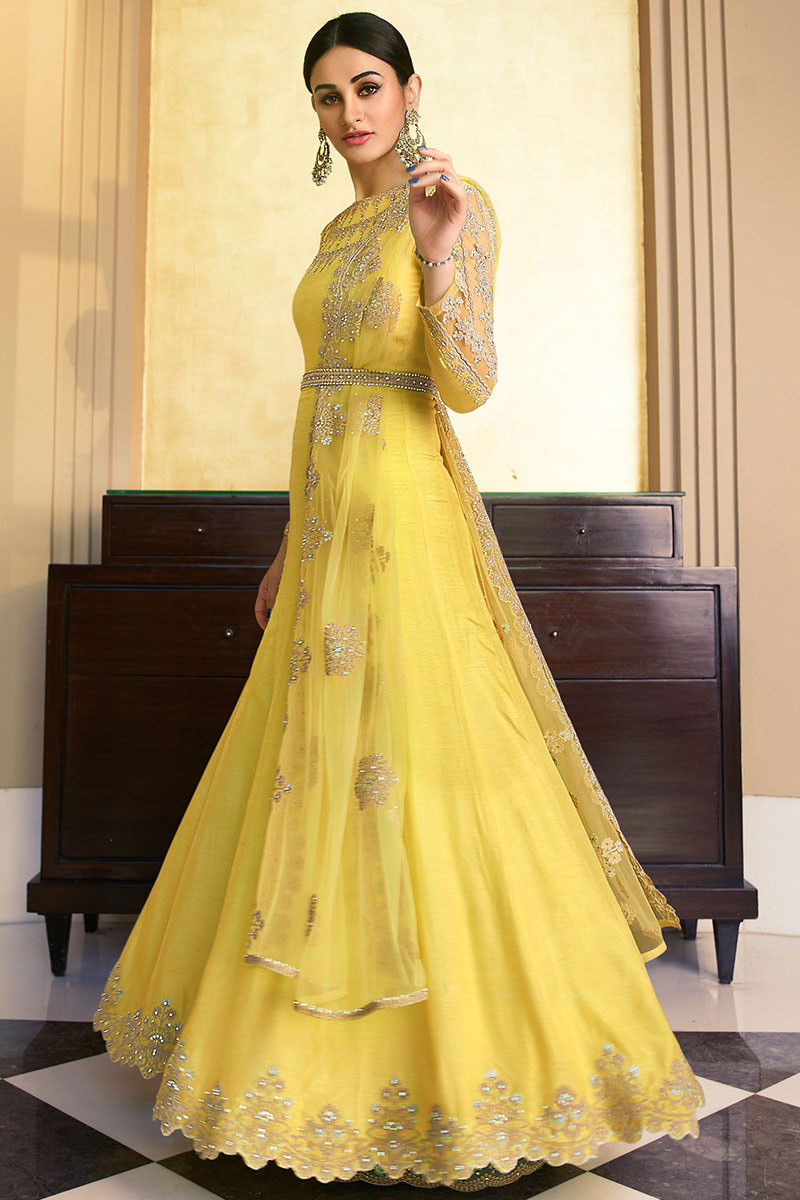 Yellow Silk Anarkali Suit With Churidar