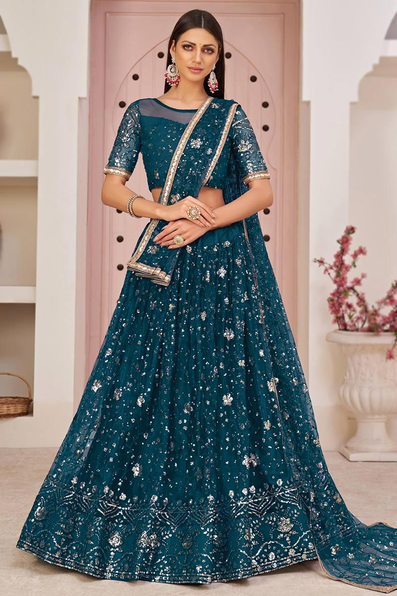 Teal Blue Net A Line Lehenga for Wedding & Party