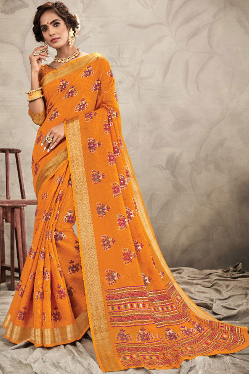 Buy Orange Colour Bengal Handloom Cotton Saree (Without Blouse) - SS250501  | www.maanacreation.com