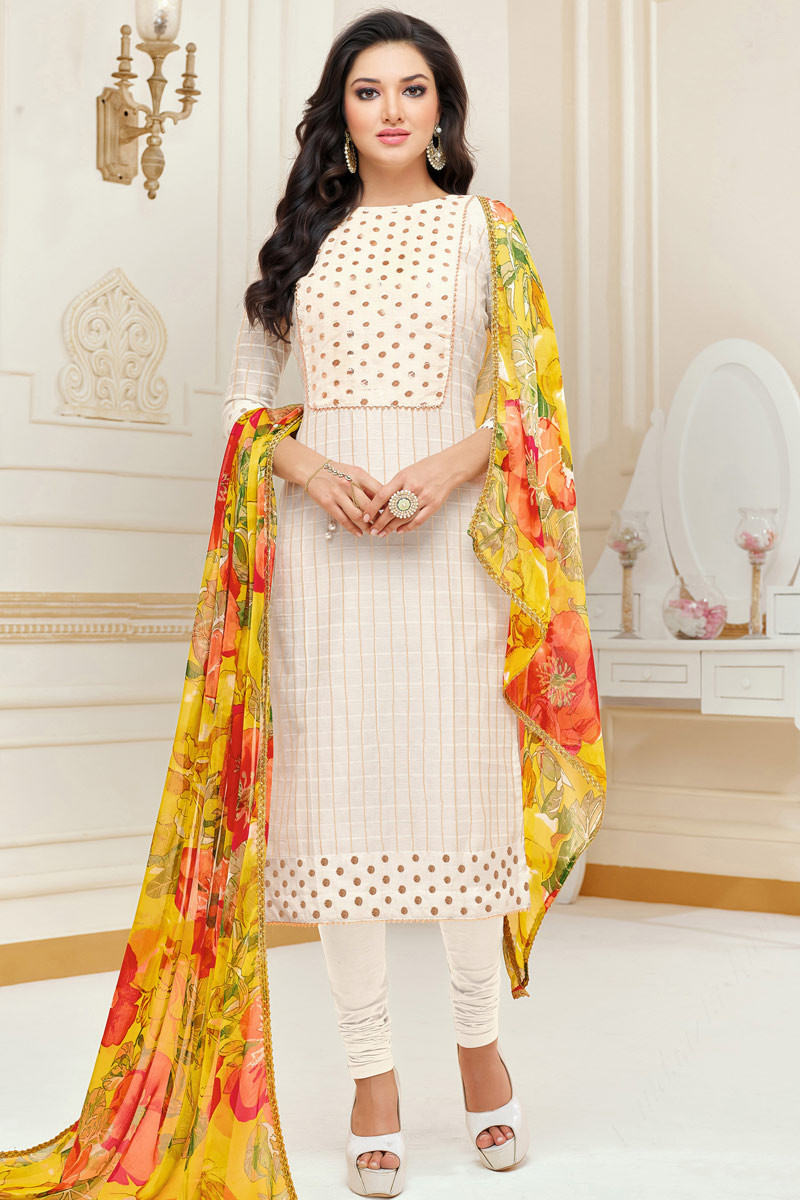 Buy Online Embroidered White Churidar Suit LSTV07574