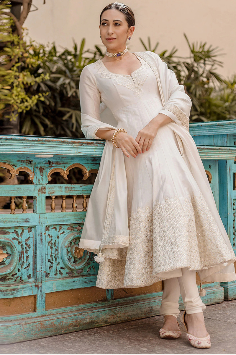 Chanderi Silk Off White Embroidered Anarkali Style Churidar Suit 
