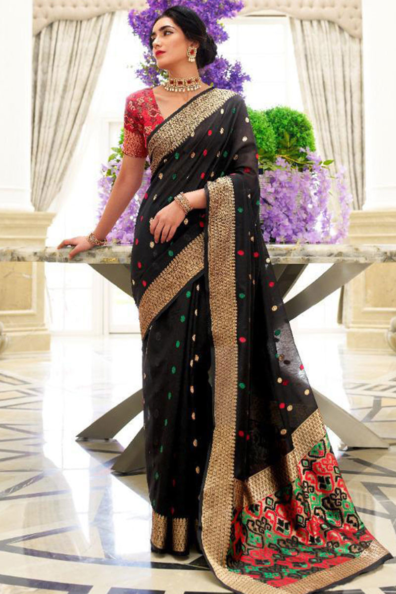 Buy Black Chanderi Silk Handloom Saree With Zari Work KALKI Fashion India