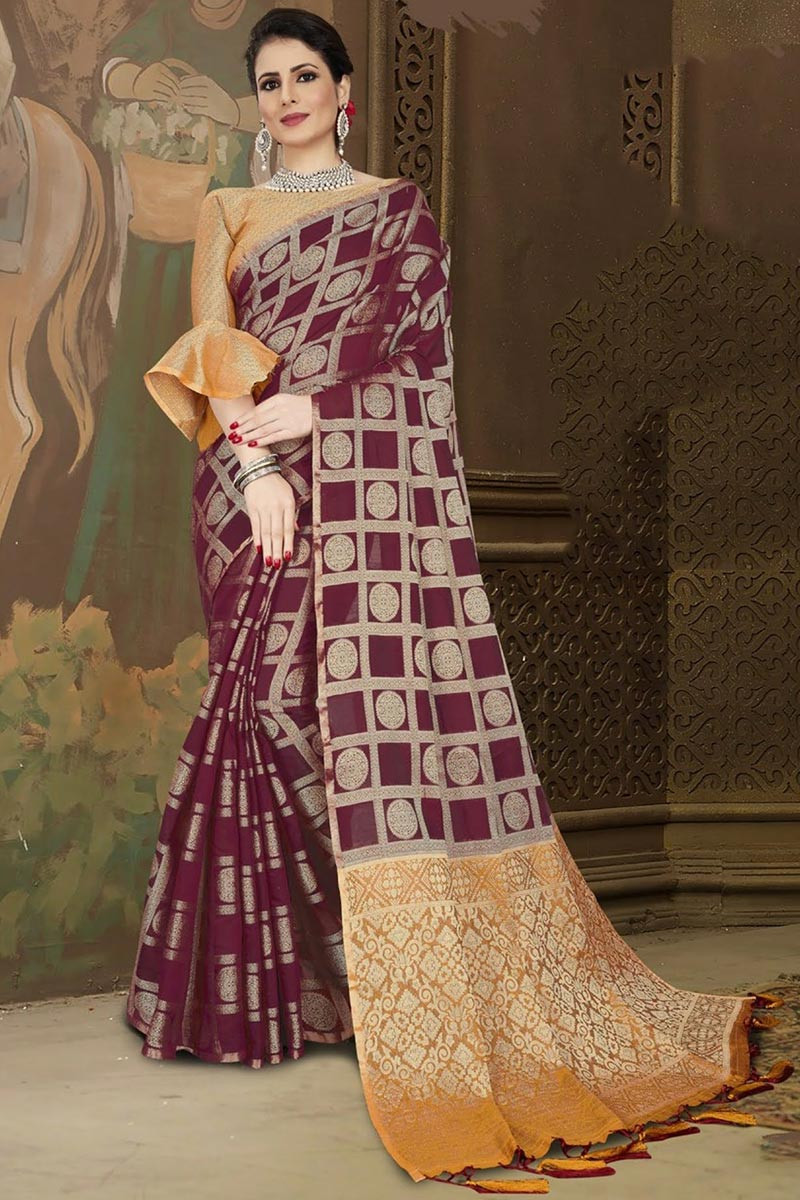 Shop Online Digital Print, Embroidered and Stone Work Chanderi Silk Classic  Saree In Brown : 276981 -