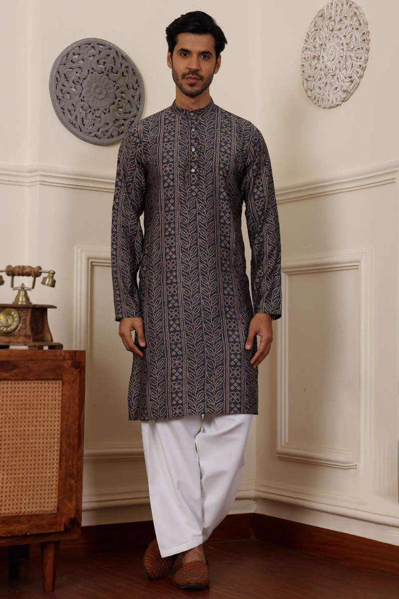 Charcoal Grey Cotton Maroon Weaved Straight Cut Men's Kurta Salwar 