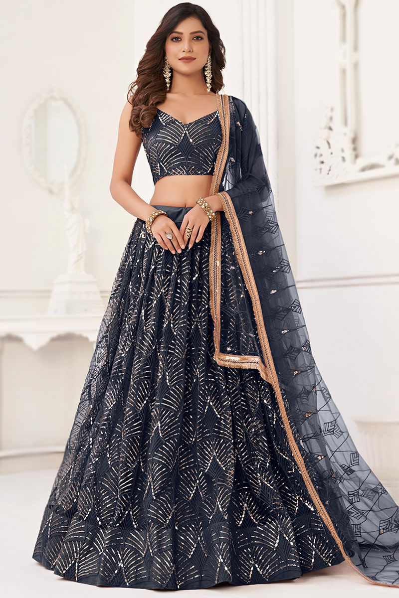 Charcoal Grey Embroidered Flared Style Net Lehenga