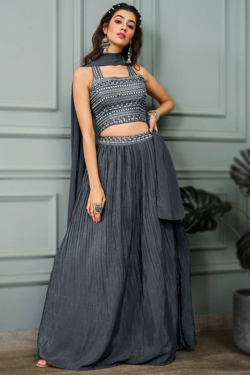 Charcoal Grey Silk Embroidered Flared Style Lehenga