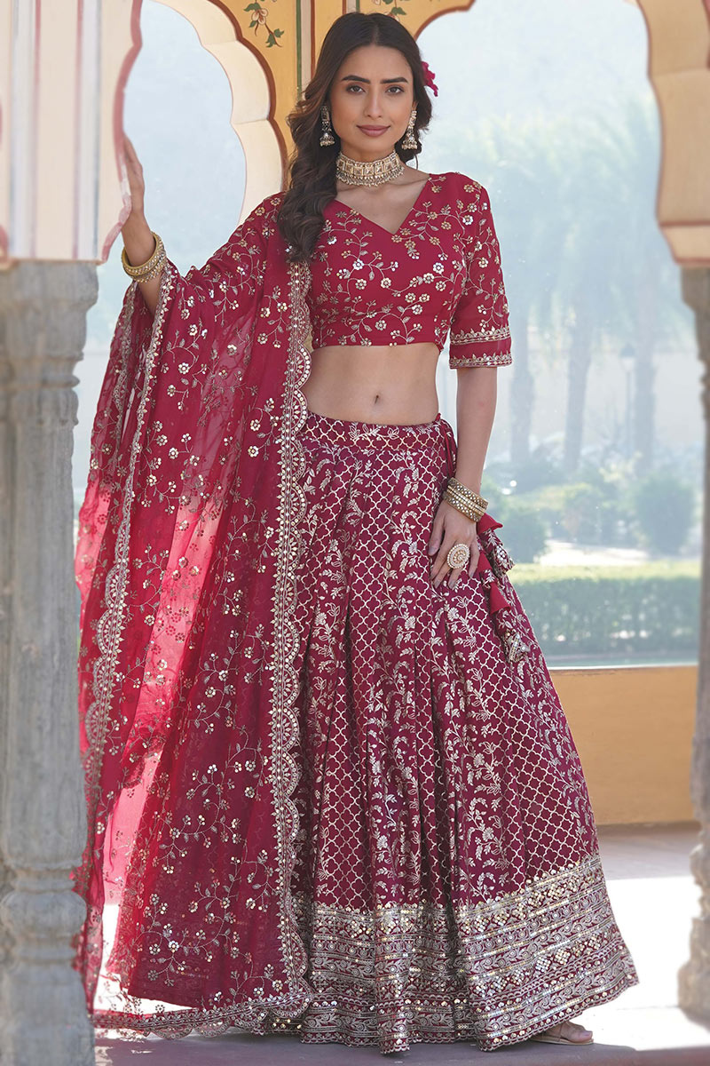 Cherry Red Embroidered Silk Flared Style Lehenga