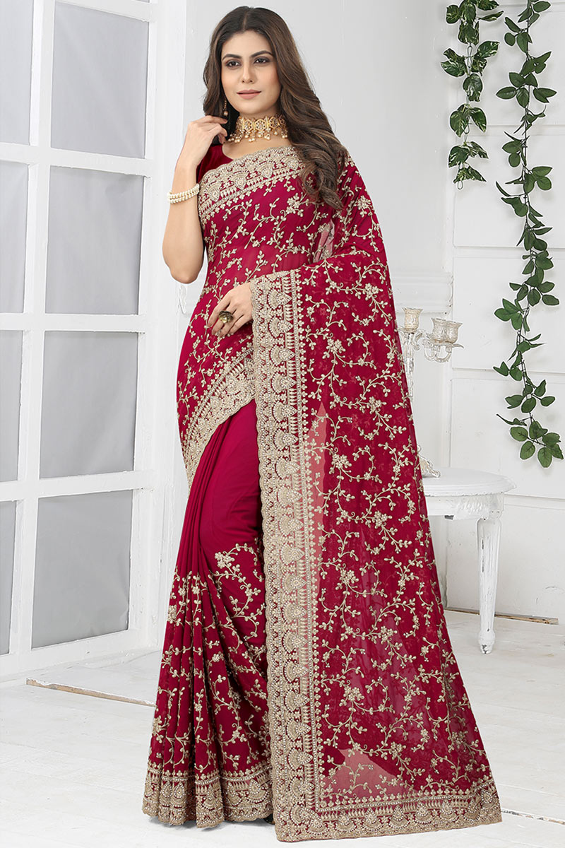 Georgette Saree with Zari Embroidery in Cherry Red for Party 
