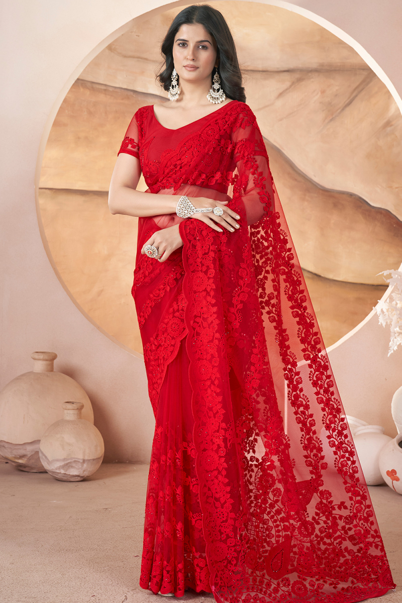 Cherry Red Net Embroidered Fancy Saree for Festival 