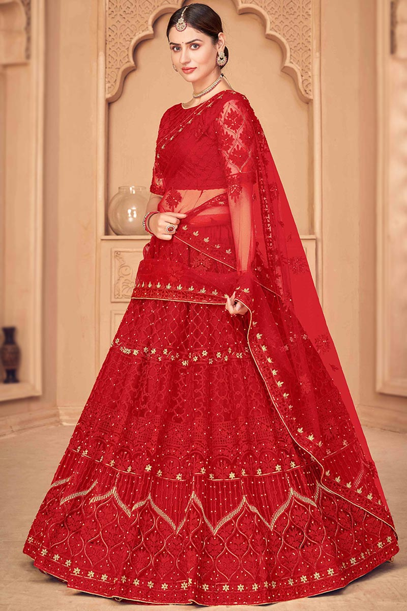 Cherry Red Net Embroidered Lehenga