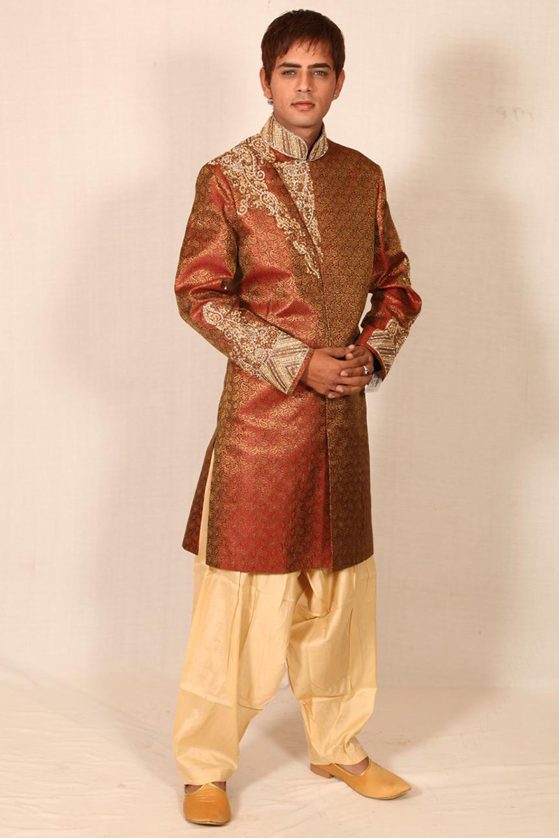 Boutique Collection Dabka Work Embroidered Cherry Red Men Sherwani
