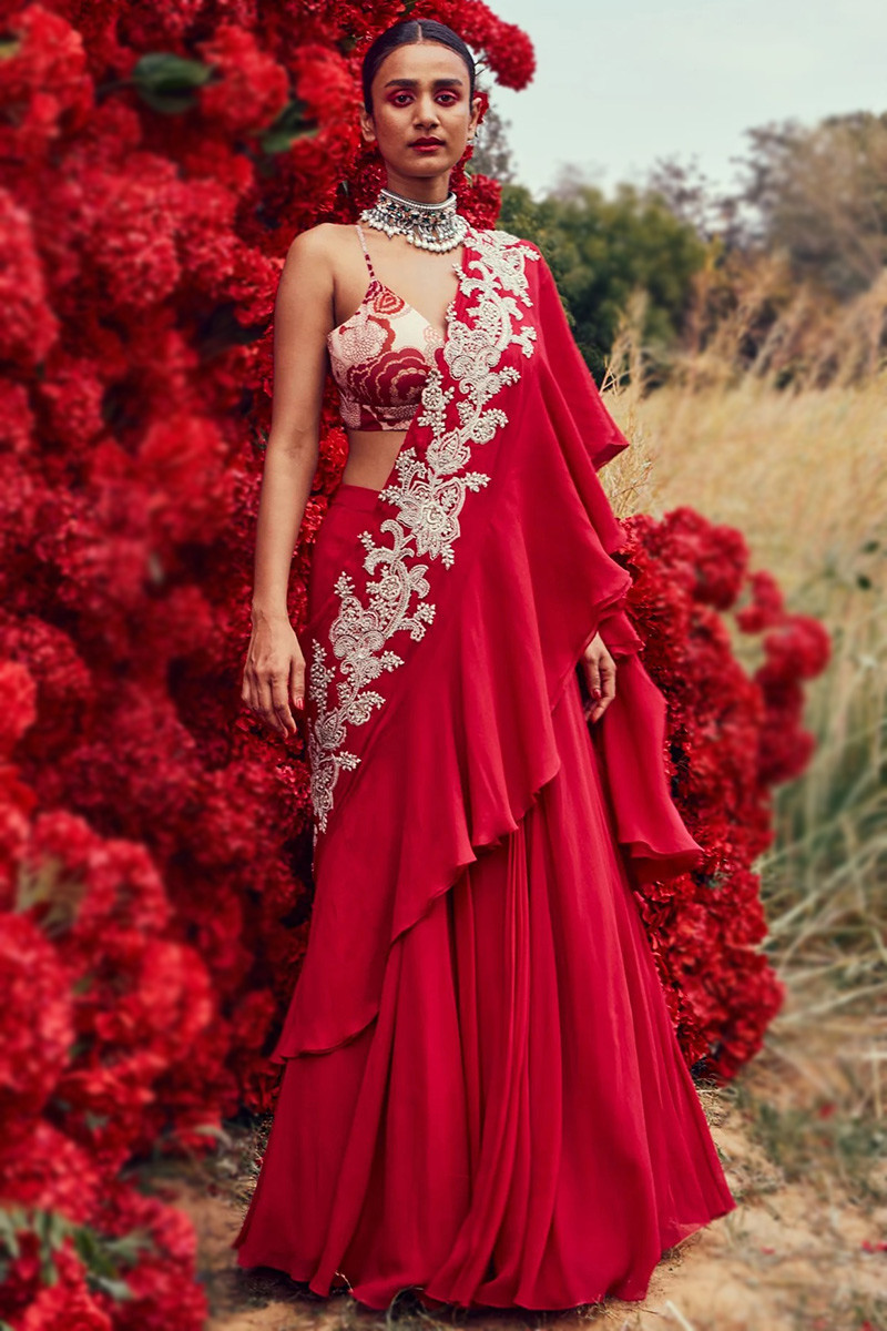 Cherry Red Pearl Soft Silk Party Wear Ruffle Saree