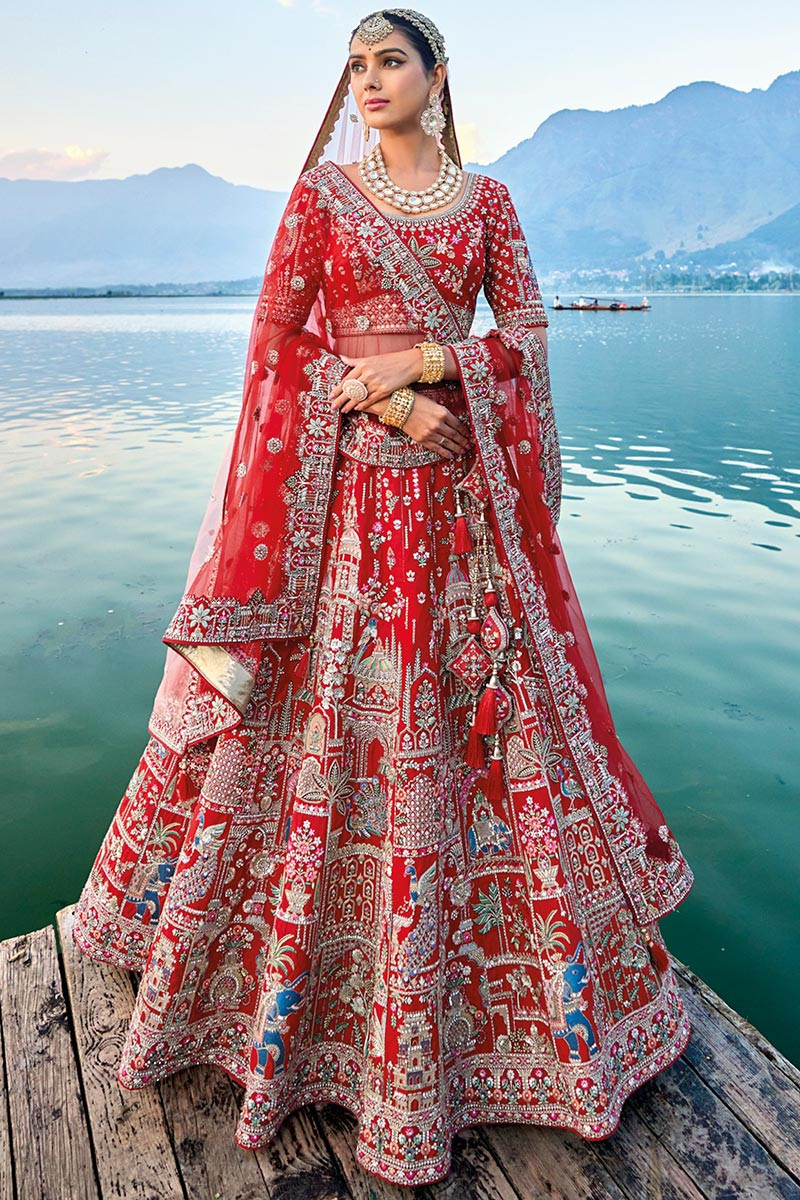 Cherry Red Silk Dabka Embroidered Bridal Wear Lehenga LLCV117876