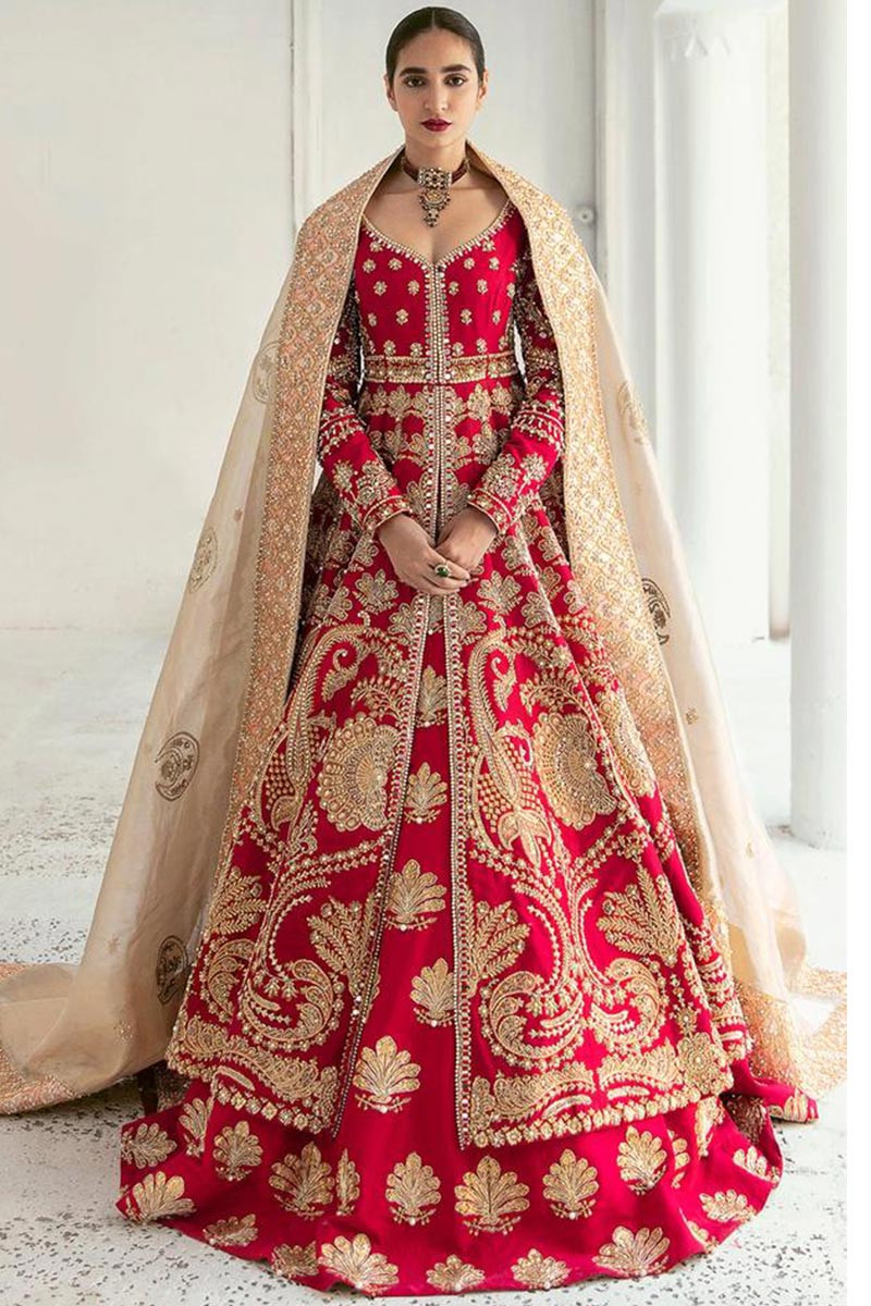 Rani Pink Designer Pakistani Bridal Embroidered kurti with Frill lehenga  and Embellishment -