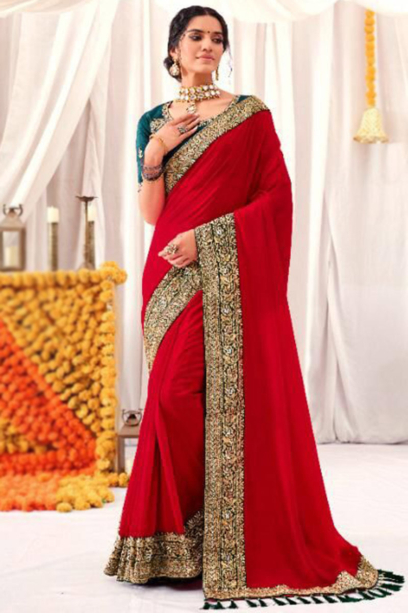 Red Chiffon Plain Saree | Leemboodi