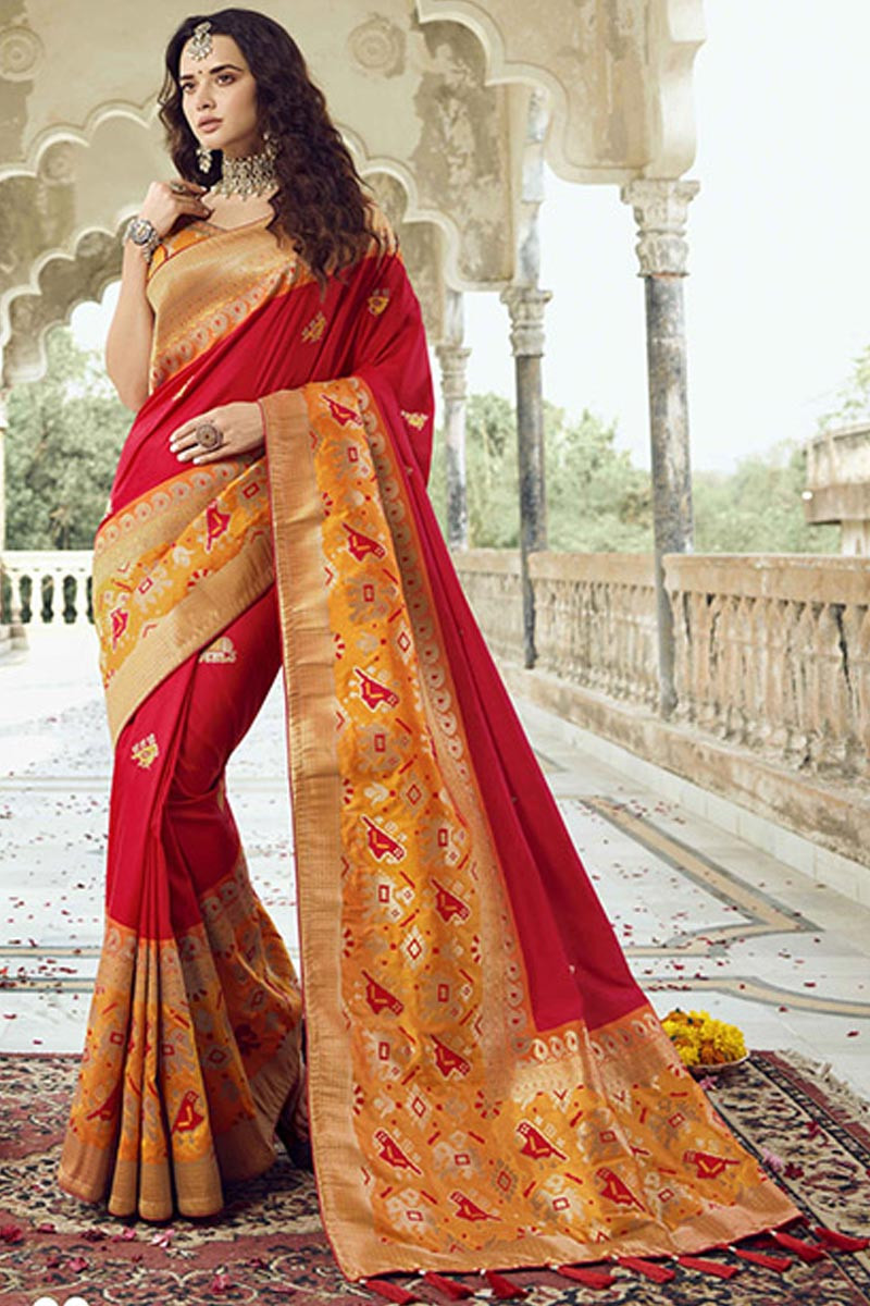 Red Cotton Silk Designer Saree With Blouse|Regal High|Suta