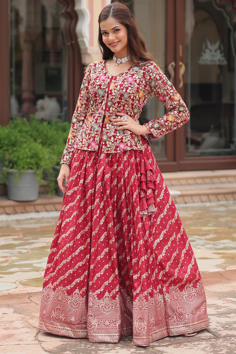 Cherry Red Silk Woven Zari Flared Style Ready Made Lehenga