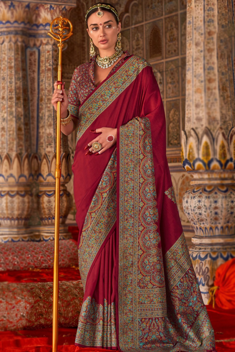 Cherry Red Soft Silk Broad Border Saree With Printed Work