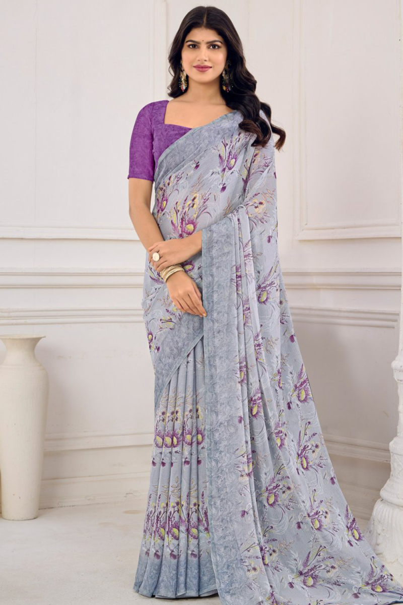 Chiffon Ash Grey Printed Saree for New Year Festive Wear